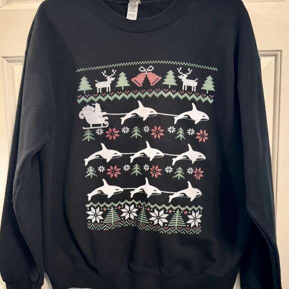 Funny Orca Killer Whale "Merry Orcamas" Sweatshirt Med Ugly Christmas Party Top - Picture 2 of 8